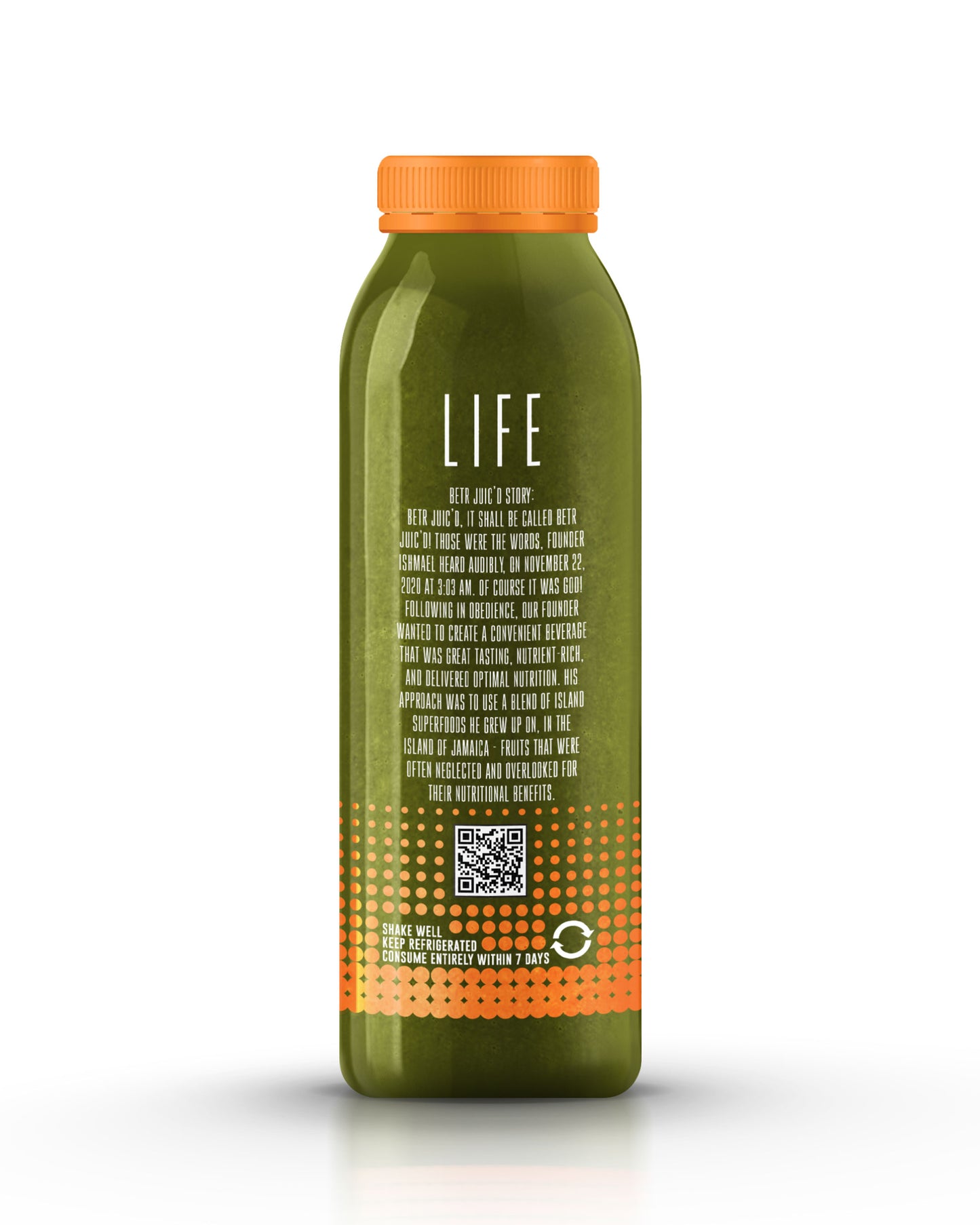 A refreshing and vibrant Jamaican green juice in a bright green hue, with an orange cap and label adorned with neon orange and orange dots.