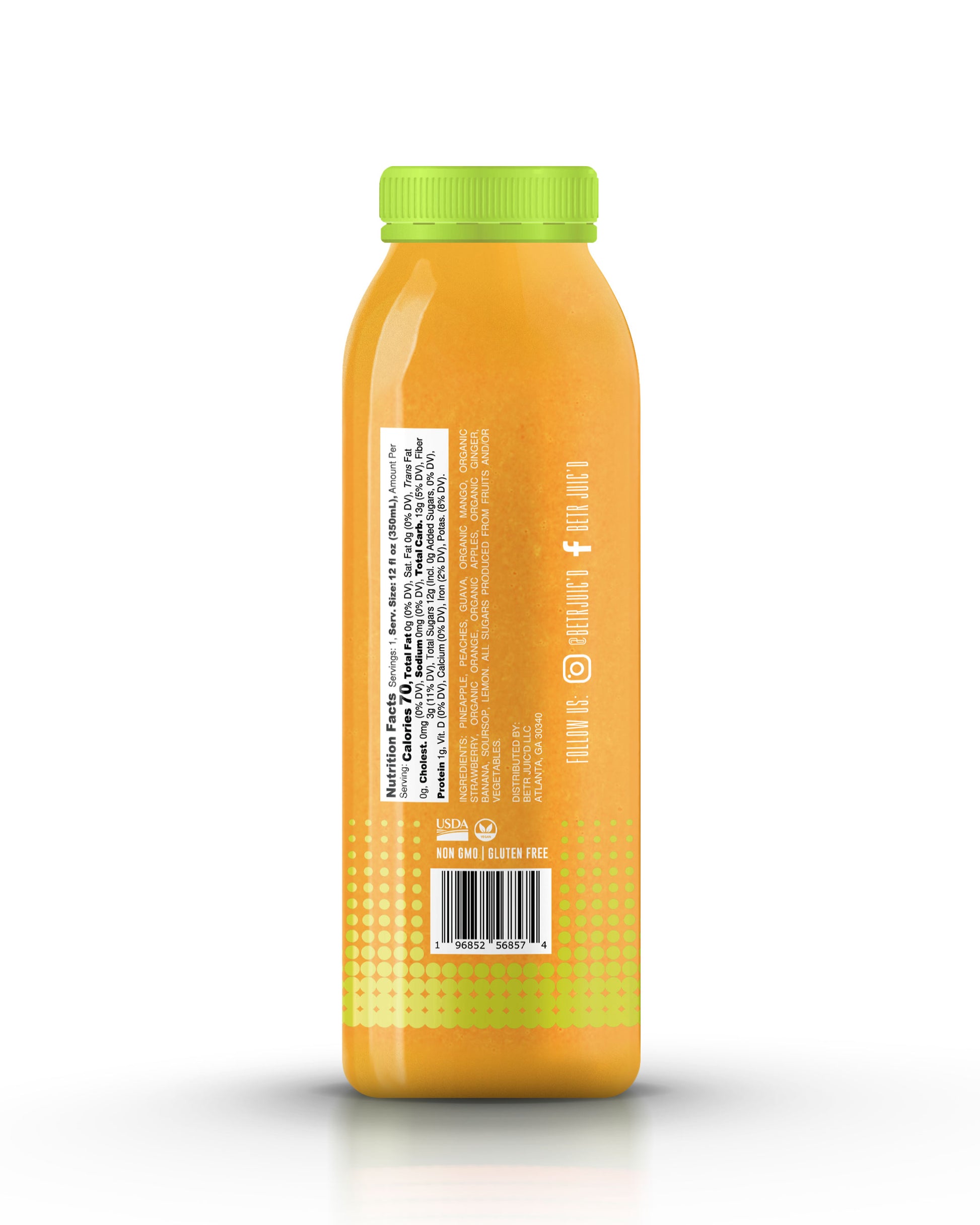 A refreshing and colorful Jamaican beverage in an orange hue, with a lime green cap and label adorned with lime green dots.
