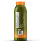 A refreshing and vibrant Jamaican green juice in a bright green hue, with an orange cap and label adorned with neon orange and orange dots.