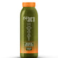 A refreshing and vibrant Jamaican green juice in a bright green hue, with an orange cap and label adorned with neon orange and orange dots.