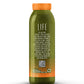 A refreshing and vibrant Jamaican green juice in a bright green hue, with an orange cap and label adorned with neon orange and orange dots.