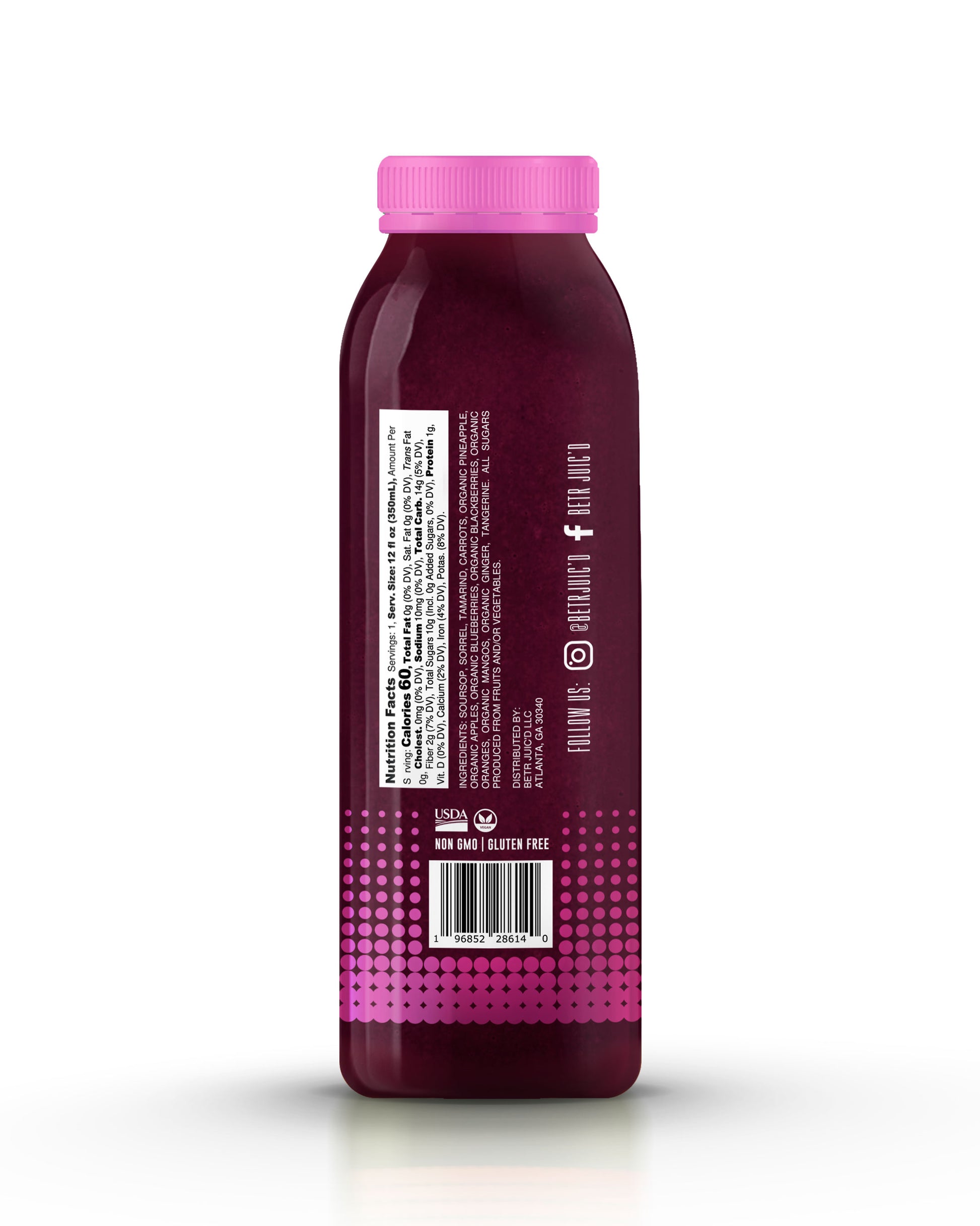 A delicious and healthy Jamaican beverage in a rich reddish-purple hue, with a fuchsia pink cap and label adorned with fuchsia pink dots. 