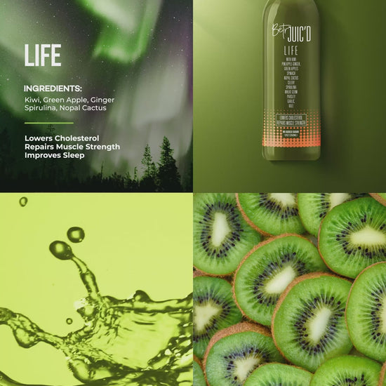 A refreshing and vibrant Jamaican green juice in a bright green hue, with an orange cap and label adorned with neon orange and orange dots. Kiwi, set against a backdrop of a lush forest. It is simply life in a bottle. 